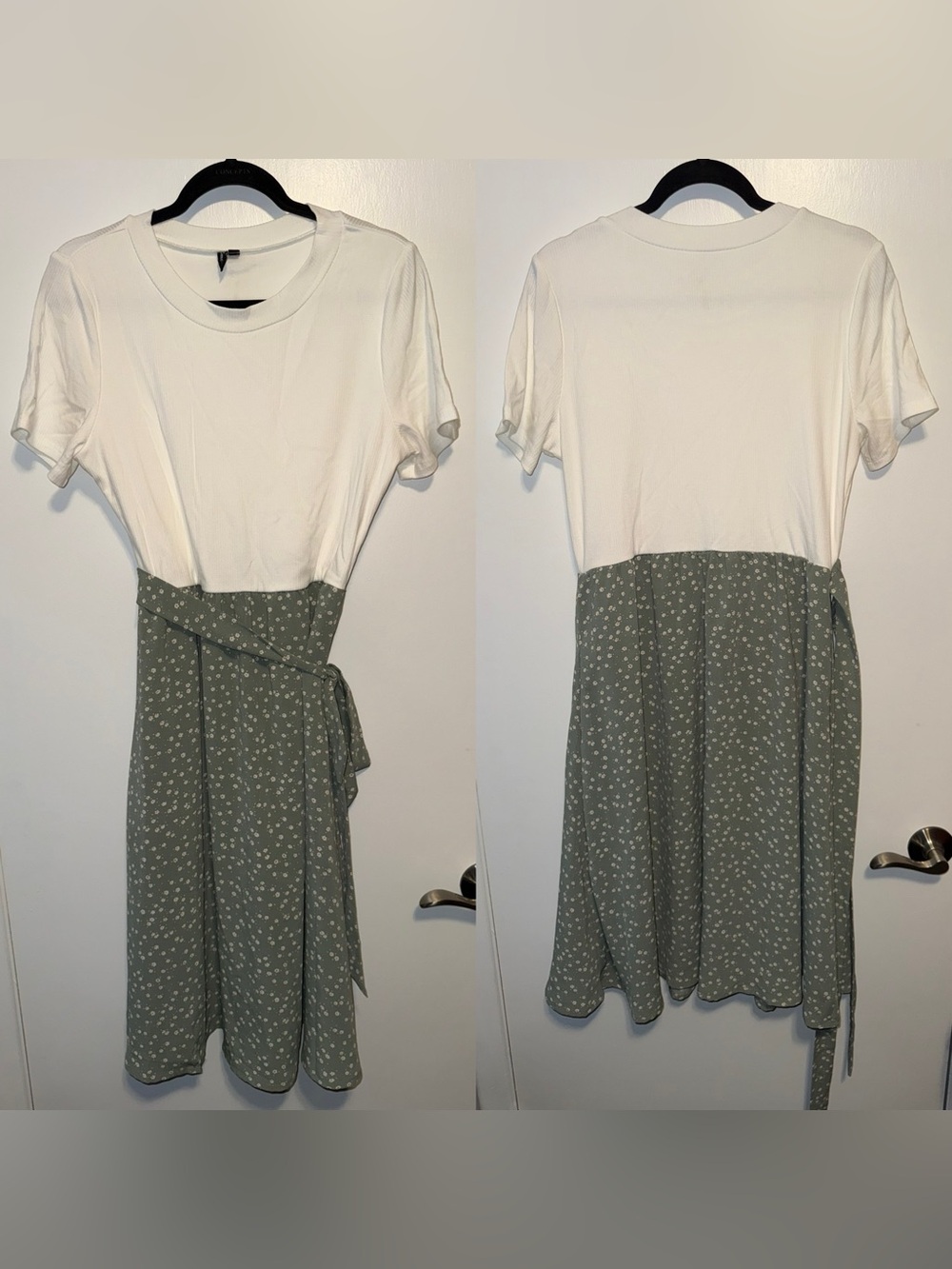 Women’s White & Sage Midi Dress with Tie Waist